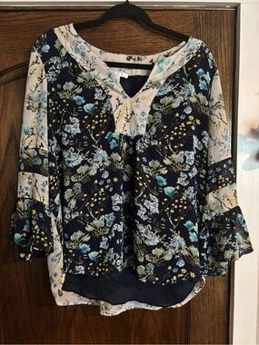 DR Women’s Floral Peasant Boho Lightweight 3-4 Bell Sleeves Navy + Large Lined